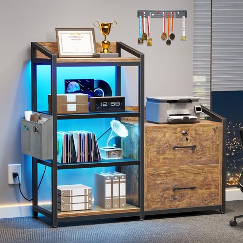 2-Drawer Filing Cabinet with Power Strip, RGB LED Lights and Open Shelving