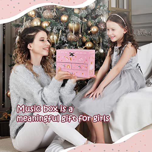 Pink Musical Jewelry Box for Girls - Unicorn & Ballerina Spinner, 3 Drawers, Gift Ready