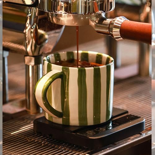 Green 8oz Ceramic Coffee Mug with Saucer – Hand-Painted Striped Espresso Cup
