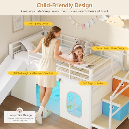 Twin Low Loft Bed with Slide, Storage Stairs, Desk, and Secret Fort