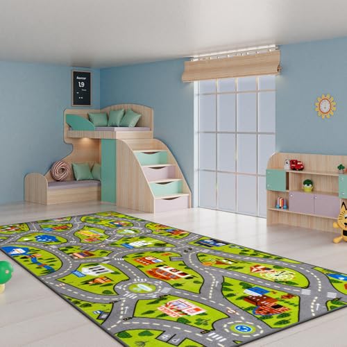 Kids City Road Play Rug - 60x32 Inch Washable Non-Slip Race Track Carpet