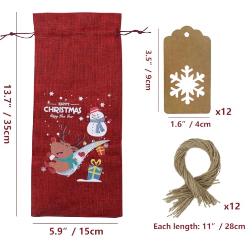 Christmas Wine Bottle Bags 12 Pack Reusable Jute Gift Bags with Winter Patterns