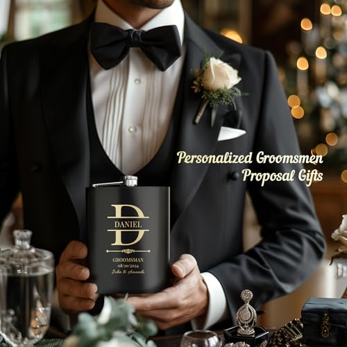 Stepdiy Black Personalized Groomsmen Flasks Set of 5 - Custom Engraved 8oz Stainless Steel Wedding Gifts
