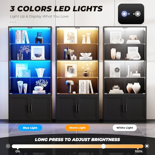 67" Glass Display Cabinet with LED Lights and Motion Sensor, 4-Tier Black