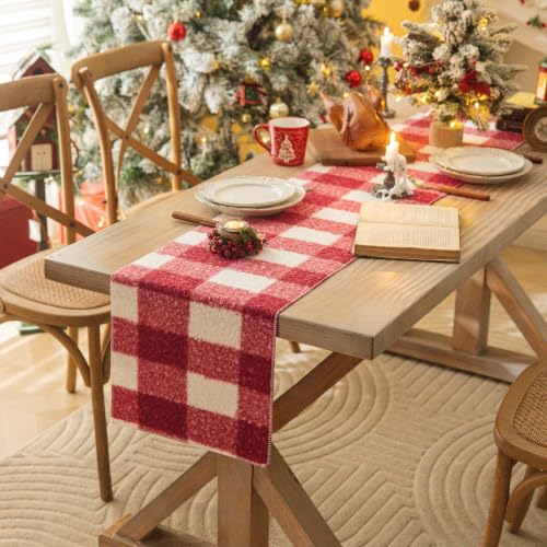 AQOTHES Red White Plaid Christmas Table Runner 13x72 Inch - Festive Holiday Decor