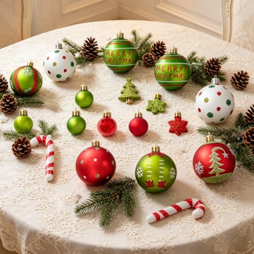 Suphan 51-Piece Christmas Ornaments Set – Red Green White Shatterproof Balls & Candy Canes