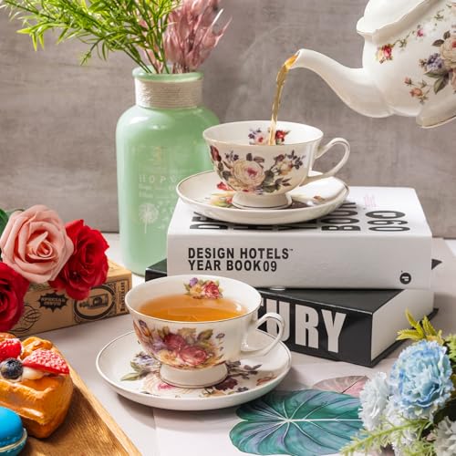 Alarrar White Camellia 10 OZ Bone Porcelain Tea Cup & Saucer Set for Coffee & Tea