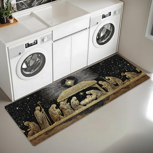 Christmas Nativity Runner Rug 47x20in with Non-Slip Backing, Jesus Manger Starry Night Decor for Laundry Room Entryway