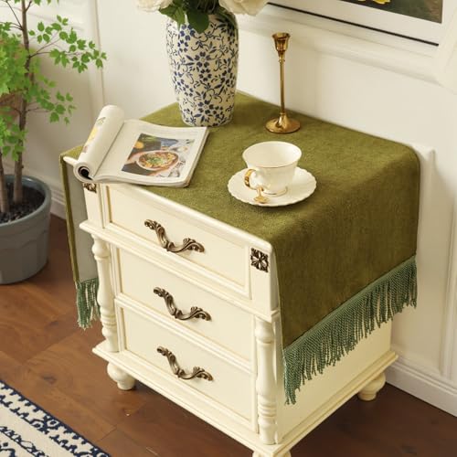 Extra-Thick Pet Scratch-Resistant Nightstand Tablecloth - Olive Green, 51.2 x 15.7 Inches with Gold Tassels