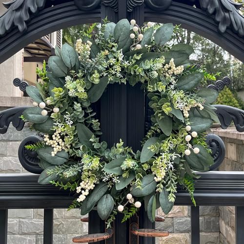 24-Inch Artificial Eucalyptus Wreath with Berries for Front Door Decor