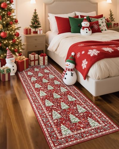 GarveeHome Red 2' x 6' Christmas Floor Runner Rug Non-Slip Washable Low-Pile with Tree & Animals Print