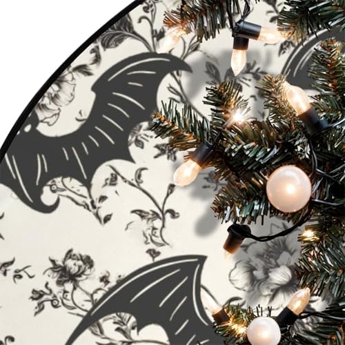 Goth Bat Floral Christmas Tree Skirt - 36 Inch Halloween Holiday Mat