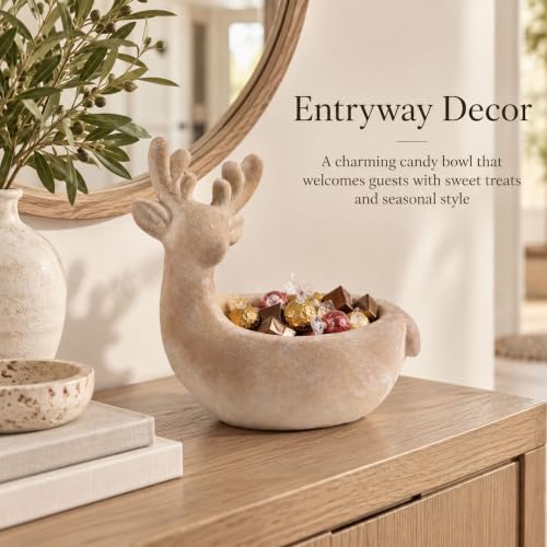 Beige Reindeer Decorative Bowl - Christmas Tabletop Centerpiece, 8.7" Cement Holiday Decor