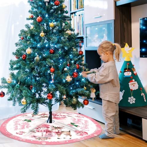 48 Inch Pink Christmas Tree Skirt with Snowman Design - Holiday Decor