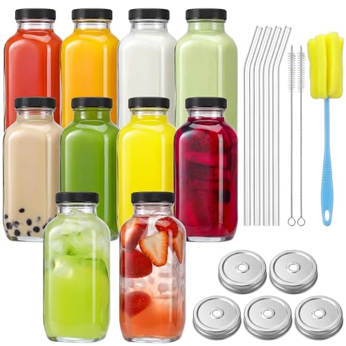 16oz Square Glass Juice Bottles with Lids and Straws - 10 Piece Set