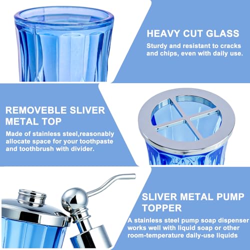 5-Piece Blue Glass Bathroom Accessory Set with Silver Pump and Holders