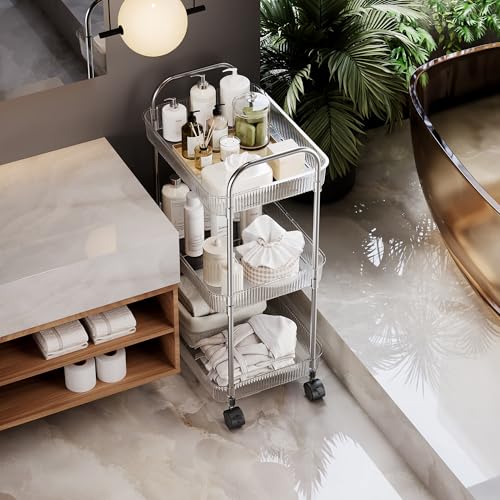 3-Tier Clear Acrylic Rolling Utility Cart with Lockable Wheels & Handle