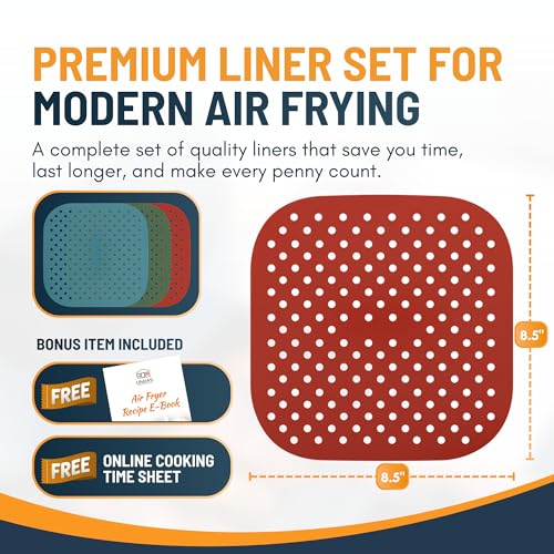 Reusable Square Silicone Air Fryer Liners - 8.5 Inch, 3 Pack, Non-Stick
