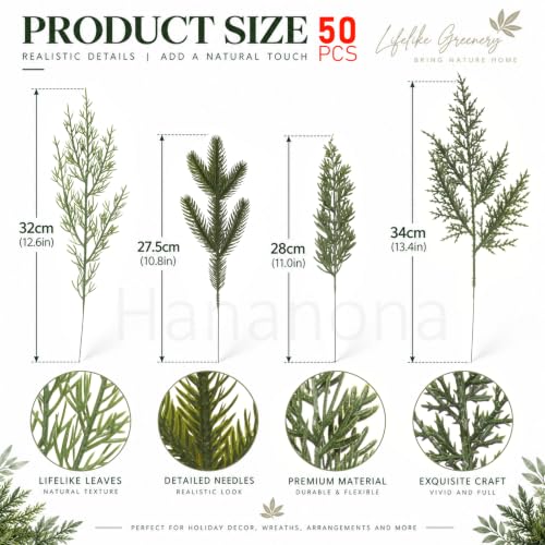 Hananona 50 Pcs Artificial Pine Branches Mix – Bendable Cedar Pine Stems