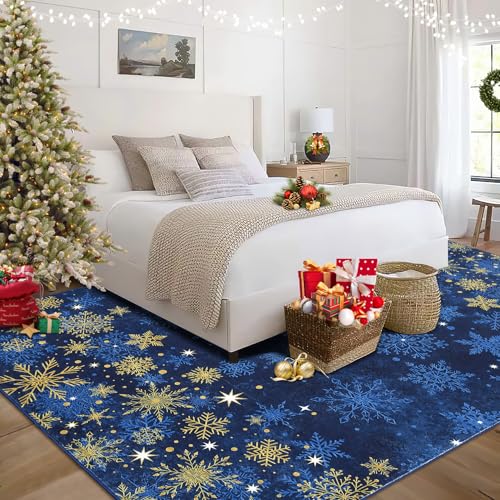 GarveeHome 8x10 Blue Christmas Snowflake Non-Slip Rug – Washable Holiday Home Decor