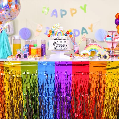 Rainbow Metallic Foil Fringe Table Skirt - 2 Pack Wavy Tinsel Party Decor