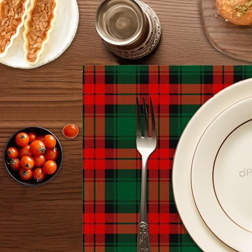 Christmas Plaid Placemats Set of 6 - Washable 12x18 Inch Linen Table Mats, Green & Red Holiday Decor