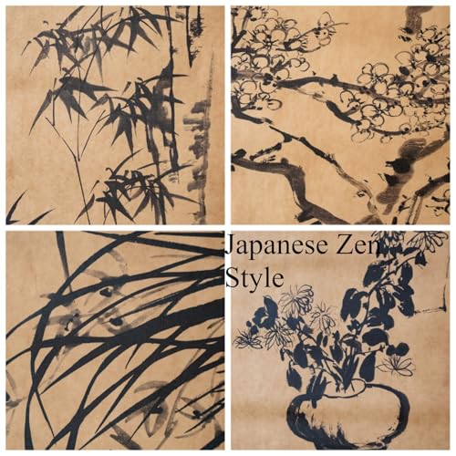 4-Panel Japanese Ink Wall Art Scroll - Shikunshi Four Seasons Zen Decor