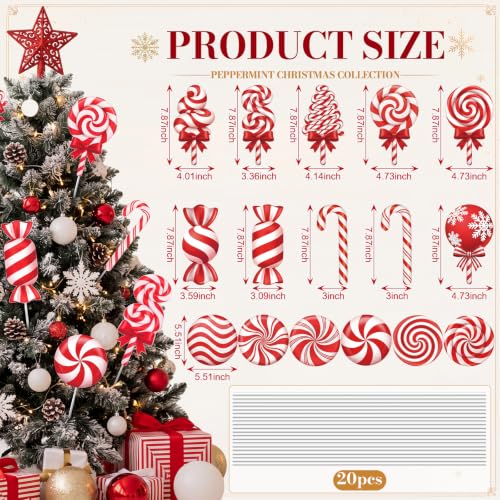 Soaoo 16 Pcs Candy Christmas Tree Decorations - Red & White Peppermint Picks, Holiday Party Decor