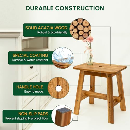 18-Inch Rectangular Acacia Wood Stool - Small Bathroom & Entryway Bench
