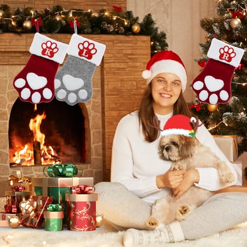 Ulico Dog Paw Christmas Stocking with Initials T - Large Monogram Pet Stocking (Red)
