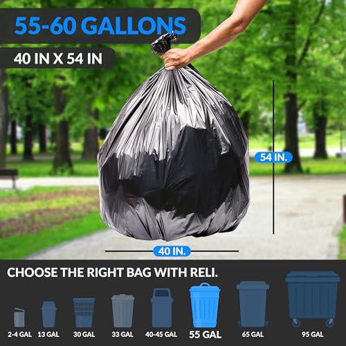 55-60 Gallon Heavy Duty Trash Bags with Twist Ties - 150 Count, Black