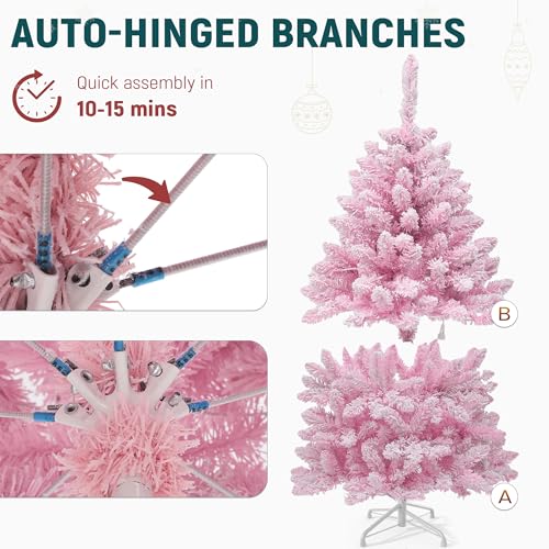 YITAHOME 4.5 ft Pink Flocked Christmas Tree with Warm-White Lights - Adjustable 8 Modes, Full Lush Design, Stable Base