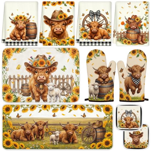 10-Piece Highland Cow Kitchen Decor Set with Sunflower Towels and Oven Mitts