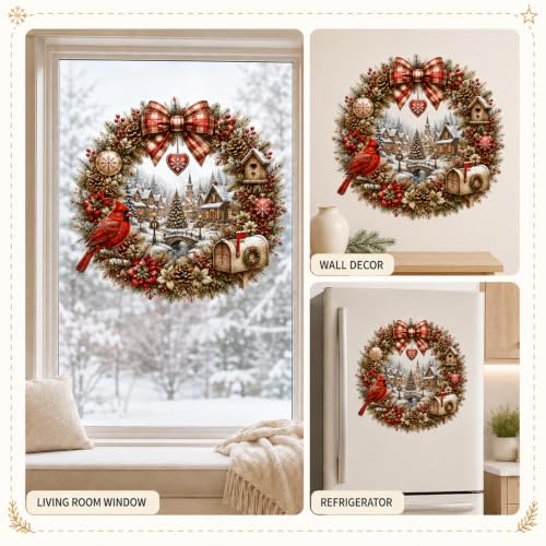 Christmas Wreath Wall Decal - Cardinal Winter Village Scene, 13.8 Inch, Peel & Stick Holiday Decor