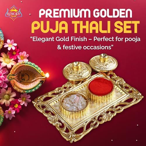 Golden Decorative Pooja Thali with Roli Chawal Holder for Diwali Rituals