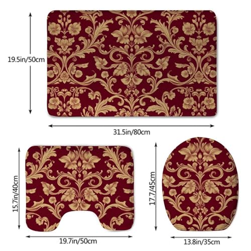 3-Piece Floral Bathroom Rug Set, Non-Slip Soft Flannel Bath Mat & Lid Cover