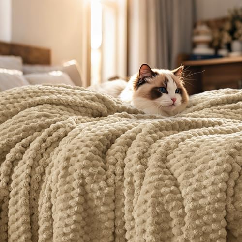 Ultra Soft 3D Jacquard Flannel Fleece Blanket - Queen Size, 90"x90", Khaki