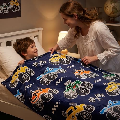 Glow in the Dark Truck Blanket for Kids, Soft Fleece Throw 40x60 Inches