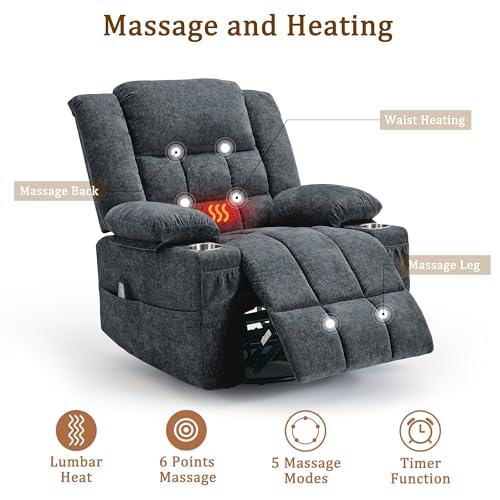 360° Swivel Rocking Recliner with Massage and Heating, Dark Gray Fabric