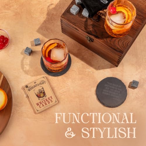 Mixology & Craft Whiskey Stones Gift Set with 2 Crystal Glasses, Slate Coasters & Recipe Cards