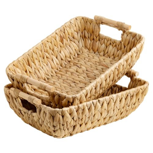 Water Hyacinth Wicker Storage Baskets with Wood Handles 2-Pack