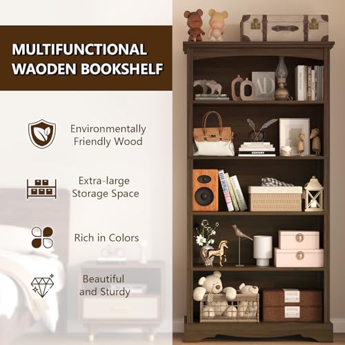 5-Tier Arched Wooden Bookshelf, 65-Inch Tall Modern Display Bookcase