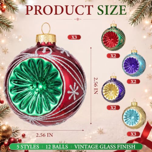 WinnerWhy 12 Pcs Vintage Glass Christmas Ornaments 2.56" Xmas Ball Set (12 Count)