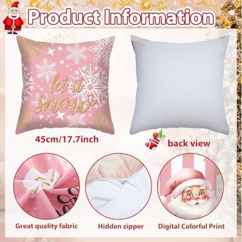 Pink Christmas Decorations Pillow Covers 18x18 Set of 6 Pink Santa Snowman Snowflake Merry Christmas Tree Let It Snow Reindeer Holiday Pillow Decorative Throw Cushion Case for Sofa
