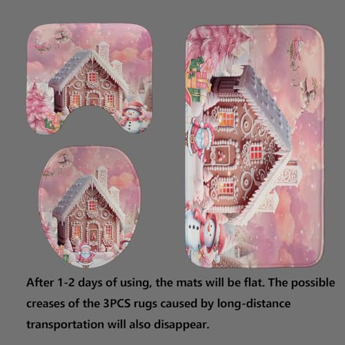OLEBETY 4PCS Pink Christmas Shower Curtain Set with Rugs - Gingerbread House, Xmas Tree, Santa, Snowman, Kids Bathroom Decor, 72"x72"