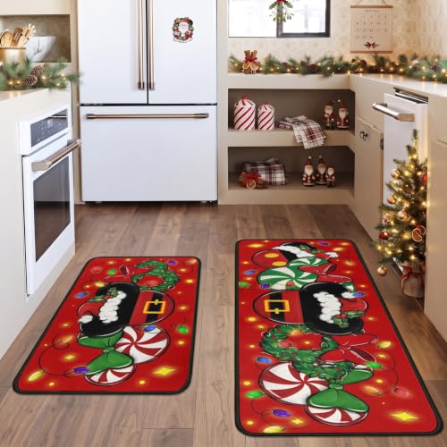 Faptoena Red Xmas Kitchen Rugs Set of 2 Non-Slip Washable Floor Mats - Holiday Decor