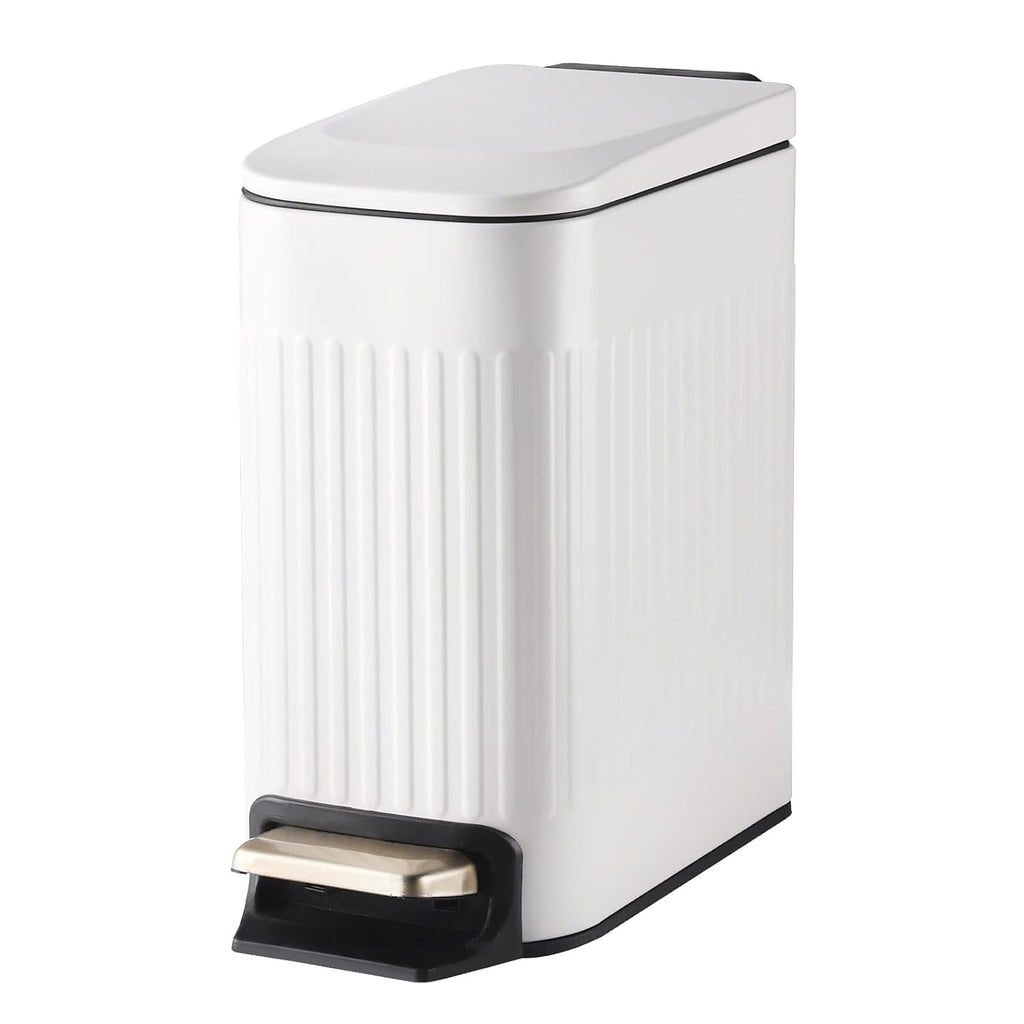 SYNCVIBE Slim Bathroom Trash Can - Soft Close Stainless Steel Step Bin with Removable Inner Bucket | 1.8 Gallons, Matte White