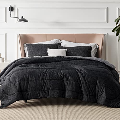 Queen Cooling Comforter Set - Reversible All-Season Bedding, Charcoal Black
