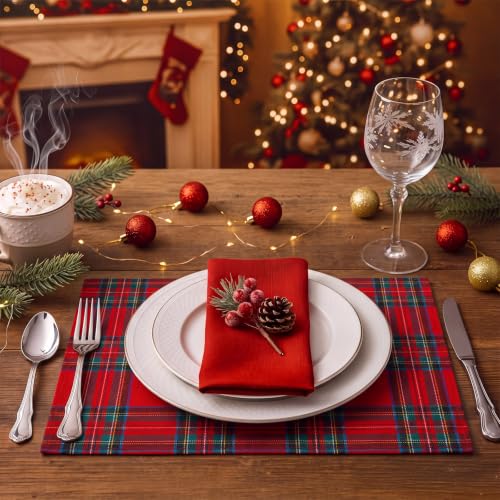 Dunzy Red Christmas Tartan Plaid Placemats Set of 8 – Holiday Table Decor