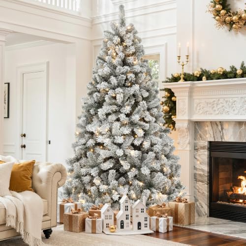 DWVO 6FT White Pre-Lit Flocked Christmas Tree with 936 Tips, 250 LEDs, Auto-Hinge